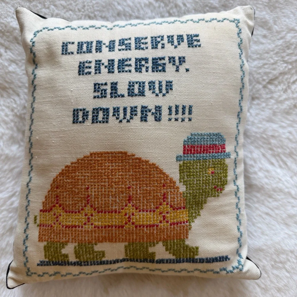 Vintage 9”x9” Cross Stitch Turtle Pillow Handmade 1980s-90s